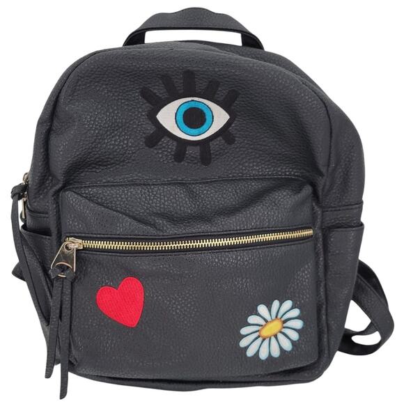 Black Faux Vegan Leather Backpack Applique Heart Lips Eye Flower Kidcore‎ Funky - Picture 1 of 11